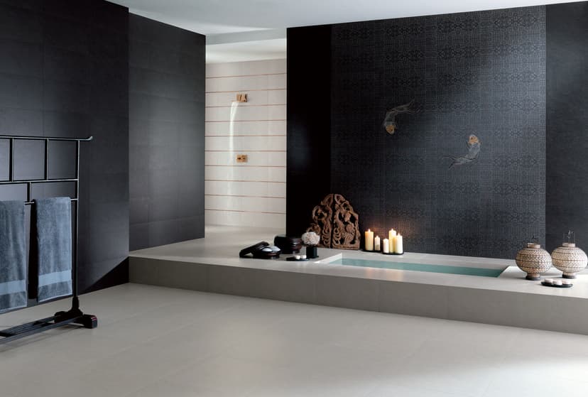 Samsara Perle 60x60 - Samsara Perle rect 30x60 - Samsara Ardoise rect 30x60 - Insert Aquarium Ardoise - Listel Bombé Cuivre 0,7x45